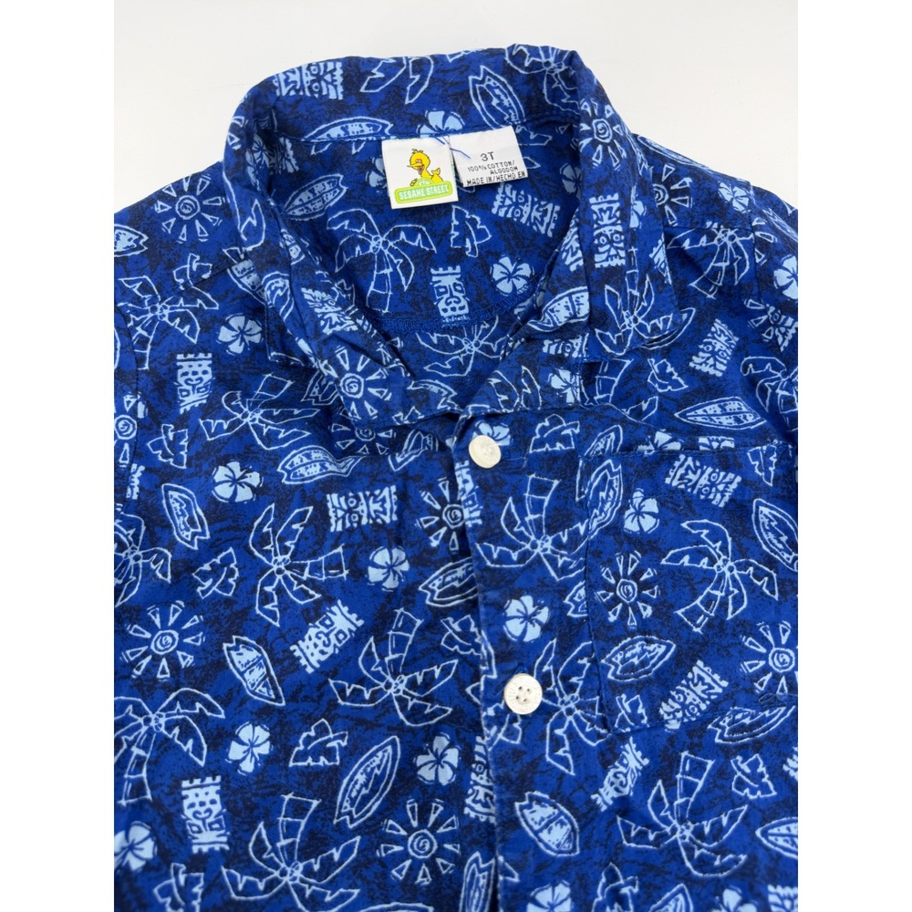 Sesame Street Boys 3T Blue Tropical Hawaiian Button Down Shirt Big‎ Bird Elmo